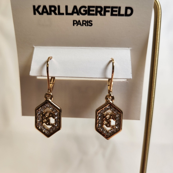 Karl Lagerfeld Paris Gold-tone and Crystal Logo Drop Earrings - Picture 3 of 3